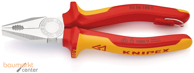 KNIPEX 03 06 180 T BK Kombizange isoliert mit Mehrkomponenten-H�llen, VDE-gepr�ft; mit integrierter isolierter Befestigungs�se zum Anbringen einer Absturzsicherung verchromt 180 mm