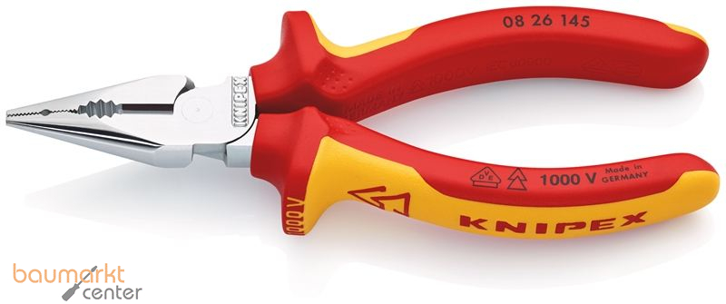 KNIPEX 08 26 145 Spitz-Kombizange isoliert mit Mehrkomponenten-H�llen, VDE-gepr�ft verchromt 145 mm