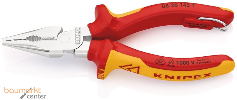 KNIPEX 08 26 145 T BK Spitz-Kombizange isoliert mit Mehrkomponenten-H�llen, VDE-gepr�ft; mit integrierter isolierter Befestigungs�se zum Anbringen einer Absturzsicherung verchromt 145 mm