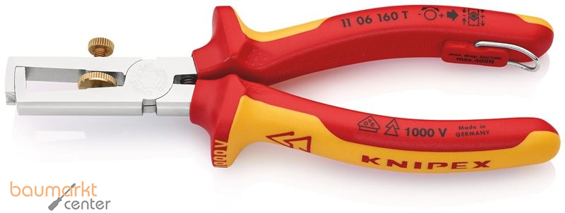 KNIPEX 11 06 160 T BK Abisolierzange mit �ffnungsfeder, universal isoliert mit Mehrkomponenten-H�llen, VDE-gepr�ft; mit integrierter isolierter Befestigungs�se zum Anbringen einer Absturzsicherung verchromt 160 mm