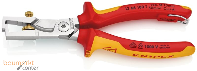 KNIPEX 13 66 180 T StriX� Abisolierzangen mit Kabelschere isoliert mit Mehrkomponenten-H�llen, VDE-gepr�ft; mit integrierter isolierter Befestigungs�se zum Anbringen einer Absturzsicherung verchromt 180 mm