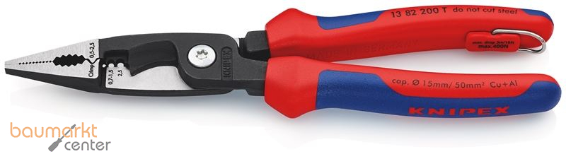 KNIPEX 13 82 200 T BK Elektro-Installationszange mit Mehrkomponenten-H�llen, mit integrierter Befestigungs�se zum Anbringen einer Absturzsicherung schwarz atramentiert 200 mm