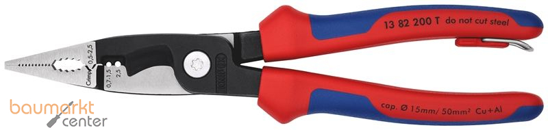 KNIPEX 13 82 200 T Elektro-Installationszange mit Mehrkomponenten-H�llen, mit integrierter Befestigungs�se zum Anbringen einer Absturzsicherung schwarz atramentiert 200 mm