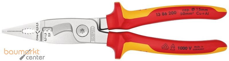 KNIPEX 13 86 200 Elektro-Installationszange isoliert mit Mehrkomponenten-H�llen, VDE-gepr�ft verchromt 200 mm