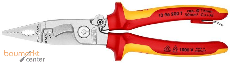 KNIPEX 13 96 200 T BK Elektro-Installationszange isoliert mit Mehrkomponenten-H�llen, VDE-gepr�ft; mit integrierter isolierter Befestigungs�se zum Anbringen einer Absturzsicherung verchromt 200 mm