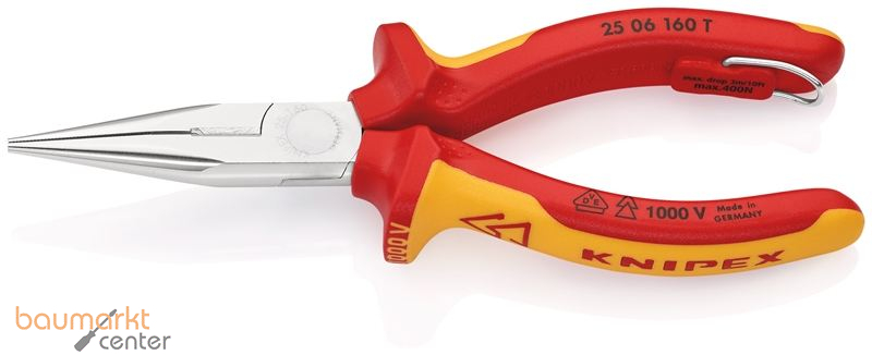 KNIPEX 25 06 160 T BK Flachrundzange mit Schneide (Radiozange) isoliert mit Mehrkomponenten-H�llen, VDE-gepr�ft verchromt 160 mm