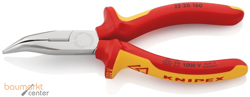 KNIPEX 25 26 160 Flachrundzange mit Schneide (Radiozange) isoliert mit Mehrkomponenten-H�llen, VDE-gepr�ft verchromt 160 mm