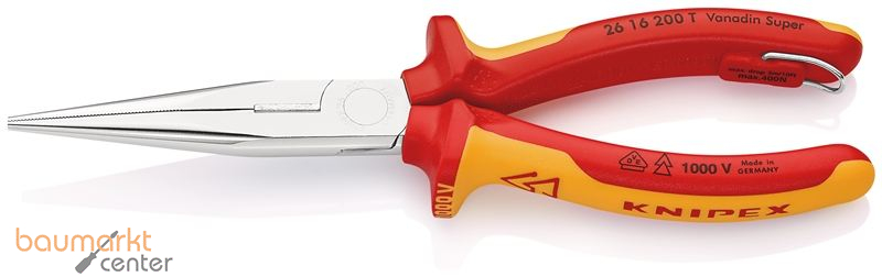 KNIPEX 26 16 200 T BK Flachrundzange mit Schneide (Storchschnabelzange) isoliert mit Mehrkomponenten-H�llen, VDE-gepr�ft; mit integrierter isolierter Befestigungs�se zum Anbringen einer Absturzsicherung verchromt 200 mm