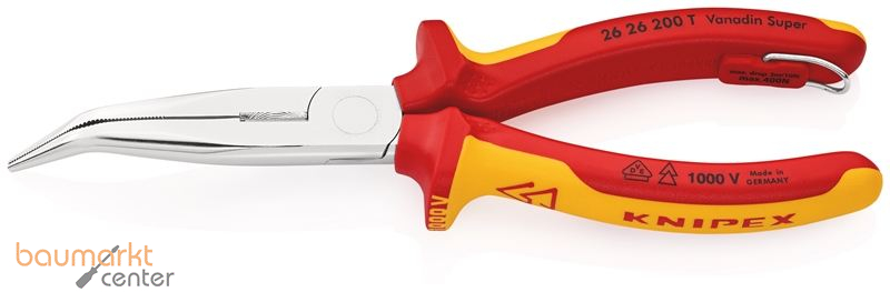 KNIPEX 26 26 200 T BK Flachrundzange mit Schneide (Storchschnabelzange) isoliert mit Mehrkomponenten-H�llen, VDE-gepr�ft; mit integrierter isolierter Befestigungs�se zum Anbringen einer Absturzsicherung verchromt 200 mm