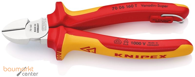 KNIPEX 70 06 160 T BK Seitenschneider isoliert mit Mehrkomponenten-H�llen, VDE-gepr�ft; mit integrierter isolierter Befestigungs�se zum Anbringen einer Absturzsicherung verchromt 160 mm