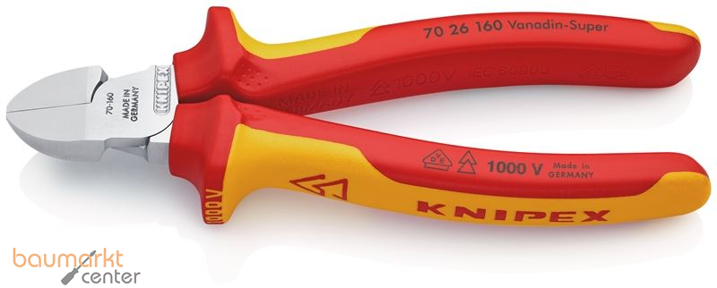 KNIPEX 70 26 160 Seitenschneider isoliert mit Mehrkomponenten-H�llen, VDE-gepr�ft verchromt 160 mm