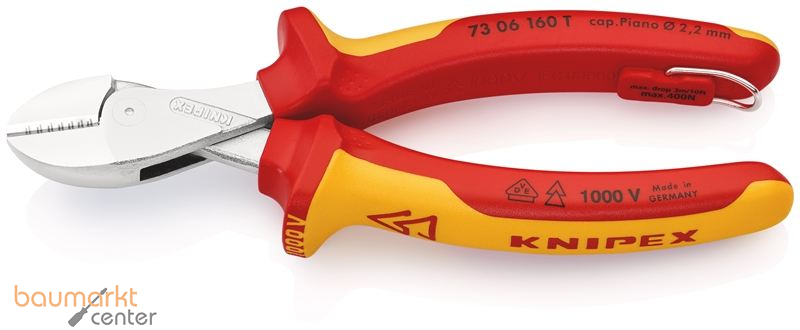 KNIPEX 73 06 160 T BK X-Cut� Kompakt-Seitenschneider isoliert mit Mehrkomponenten-H�llen, VDE-gepr�ft; mit integrierter isolierter Befestigungs�se zum Anbringen einer Absturzsicherung verchromt 160 mm