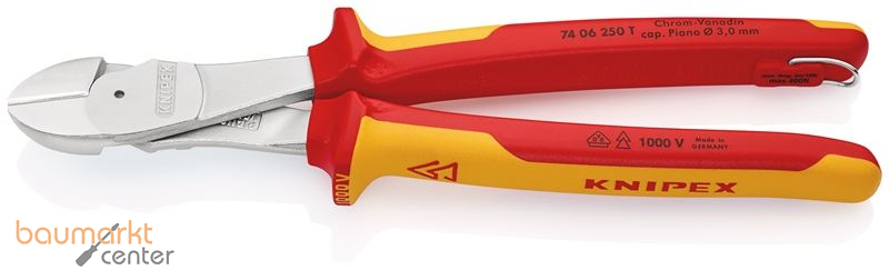 KNIPEX 74 06 250 T BK Kraft-Seitenschneider isoliert mit Mehrkomponenten-H�llen, VDE-gepr�ft; mit integrierter isolierter Befestigungs�se zum Anbringen einer Absturzsicherung verchromt 250 mm