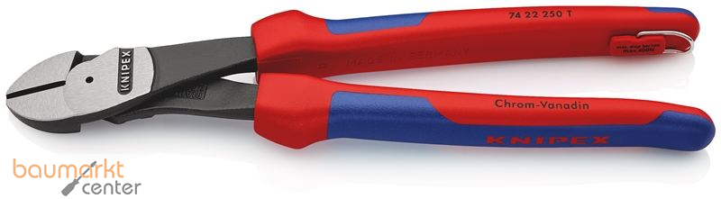 KNIPEX 74 22 250 T BK Kraft-Seitenschneider mit Mehrkomponenten-H�llen, mit integrierter Befestigungs�se zum Anbringen einer Absturzsicherung schwarz atramentiert 250 mm