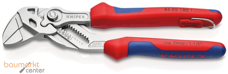 KNIPEX 86 05 180 T BK Zangenschl�ssel Zange und Schraubenschl�ssel in einem Werkzeug mit Mehrkomponenten-H�llen, mit integrierter Befestigungs�se zum Anbringen einer Absturzsicherung verchromt 180 mm