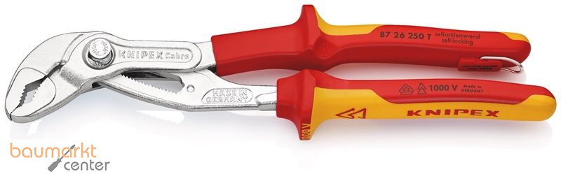KNIPEX 87 26 250 T BK Cobra� VDE Hightech-Wasserpumpenzange, isoliert isoliert mit Mehrkomponenten-H�llen, VDE-gepr�ft; mit integrierter isolierter Befestigungs�se zum Anbringen einer Absturzsicherung verchromt 250 mm