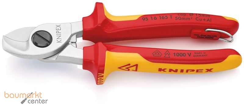 KNIPEX 95 16 165 T BK Kabelschere isoliert mit Mehrkomponenten-H�llen, VDE-gepr�ft; mit integrierter isolierter Befestigungs�se zum Anbringen einer Absturzsicherung verchromt 165 mm