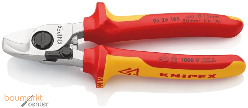 KNIPEX 95 26 165 Kabelschere mit �ffnungsfeder isoliert mit Mehrkomponenten-H�llen, VDE-gepr�ft verchromt 165 mm