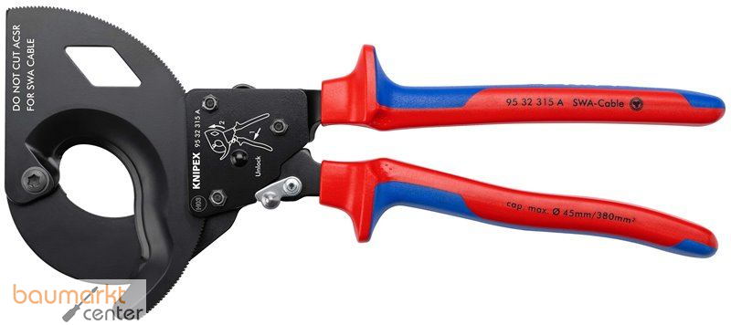 KNIPEX 95 32 315 A Kabelschneider (Ratschenprinzip) f�r stahlarmierte Kabel (SWA-Kabel) mit Mehrkomponenten-H�llen schwarz lackiert 315 mm