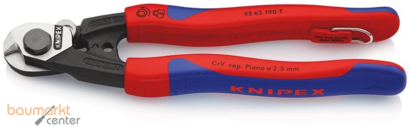 KNIPEX 95 62 190 T BK Drahtseilschere geschmiedet mit Mehrkomponenten-H�llen, mit integrierter Befestigungs�se zum Anbringen einer Absturzsicherung 190 mm