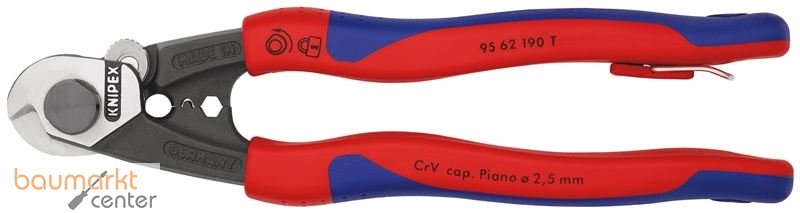 KNIPEX 95 62 190 T Drahtseilschere geschmiedet mit Mehrkomponenten-H�llen, mit integrierter Befestigungs�se zum Anbringen einer Absturzsicherung 190 mm
