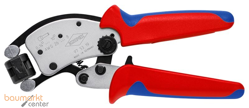 KNIPEX 97 53 19 Twistor� T Selbsteinstellende Crimpzange f�r Aderendh�lsen mit drehbarem Crimpkopf mit Mehrkomponenten-H�llen verchromt 200 mm