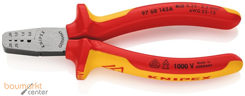 KNIPEX 97 68 145 A Crimpzange f�r Aderendh�lsen isoliert mit Mehrkomponenten-H�llen, VDE-gepr�ft 145 mm