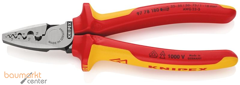 KNIPEX 97 78 180 Crimpzange f�r Aderendh�lsen isoliert mit Mehrkomponenten-H�llen, VDE-gepr�ft 180 mm
