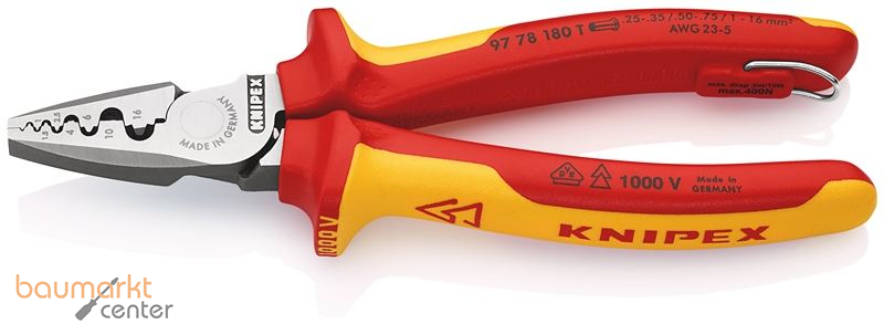 KNIPEX 97 78 180 T BK Crimpzange f�r Aderendh�lsen isoliert mit Mehrkomponenten-H�llen, VDE-gepr�ft; mit integrierter isolierter Befestigungs�se zum Anbringen einer Absturzsicherung 180 mm